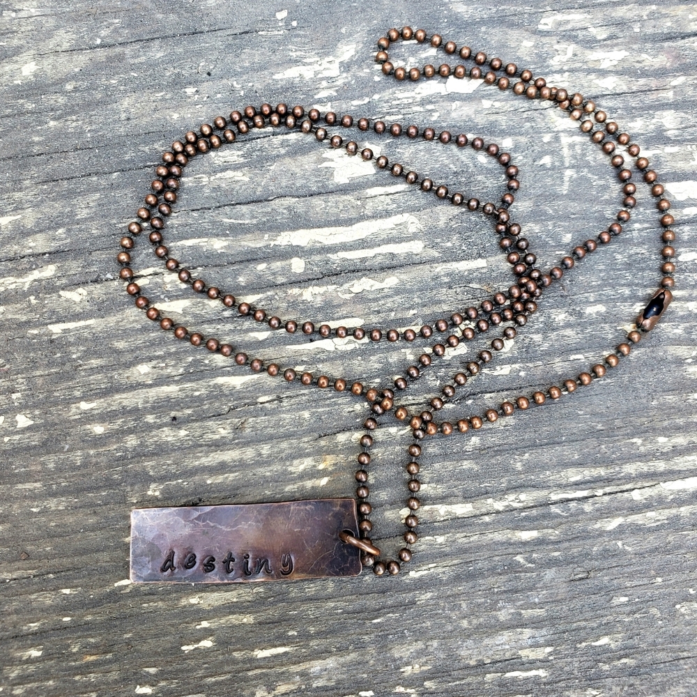 Copper Ball Chain Necklace with Stamped Pendant, Handmade Copper Necklace